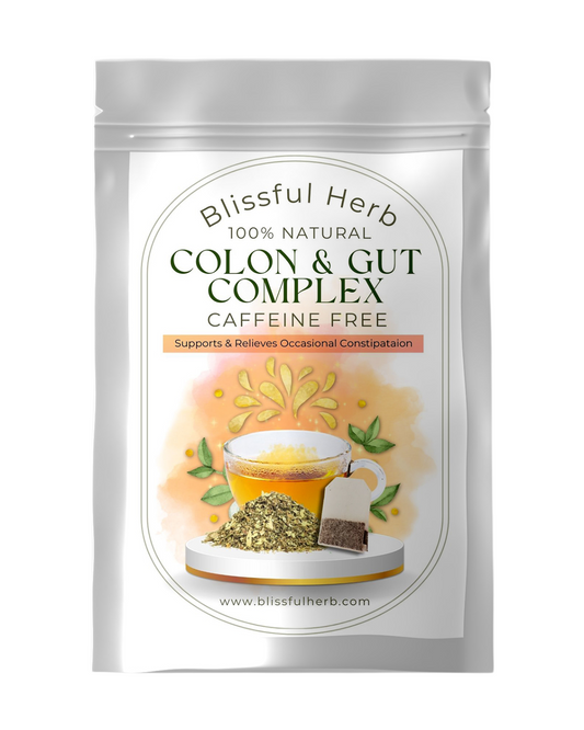 Blissful Herb Colon & Gut Complex tea constipation relieving all natural herbal tea  product front side